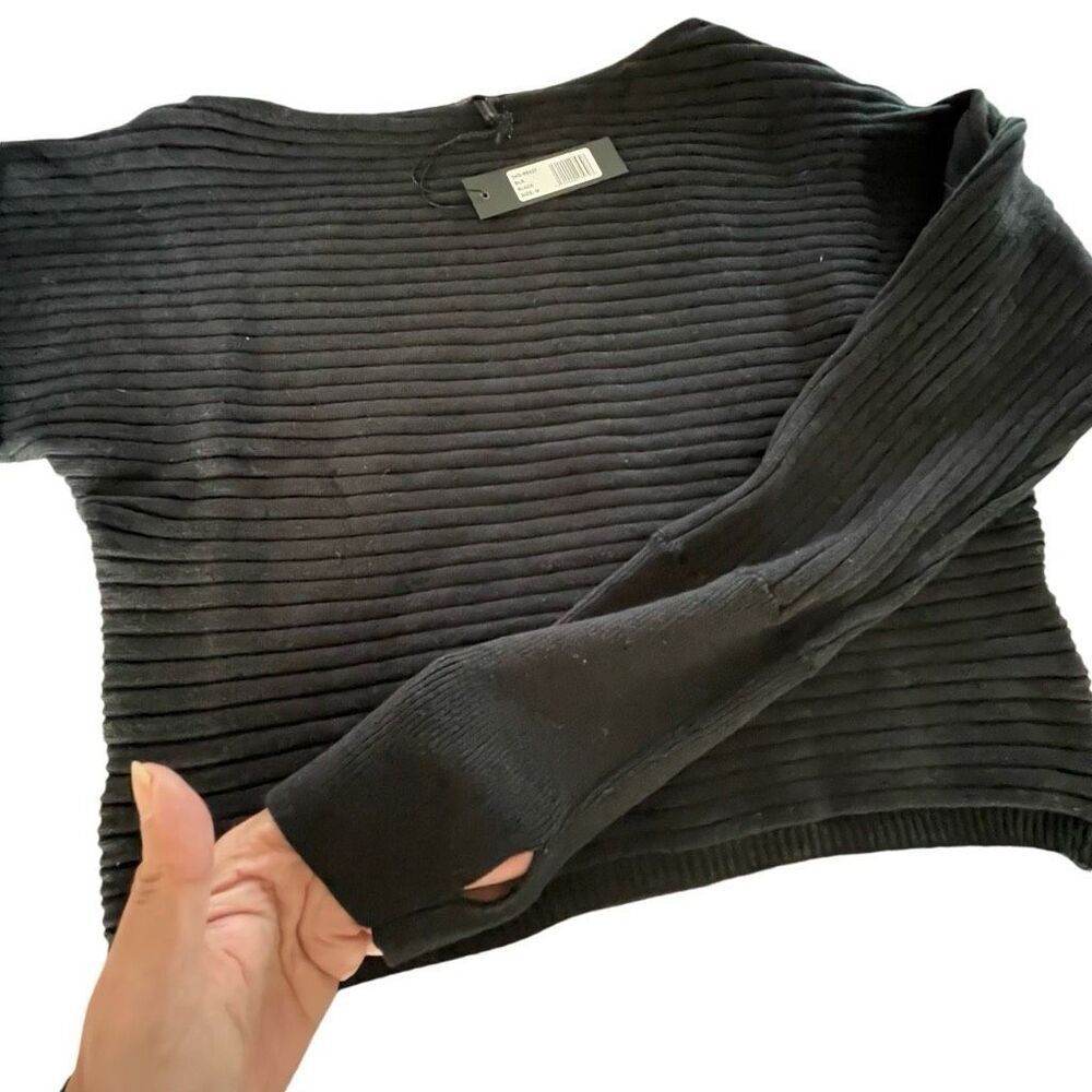 Bobi Black Womens Directional Rib Off Shoulder Pullover Sweater Black Medium NWT